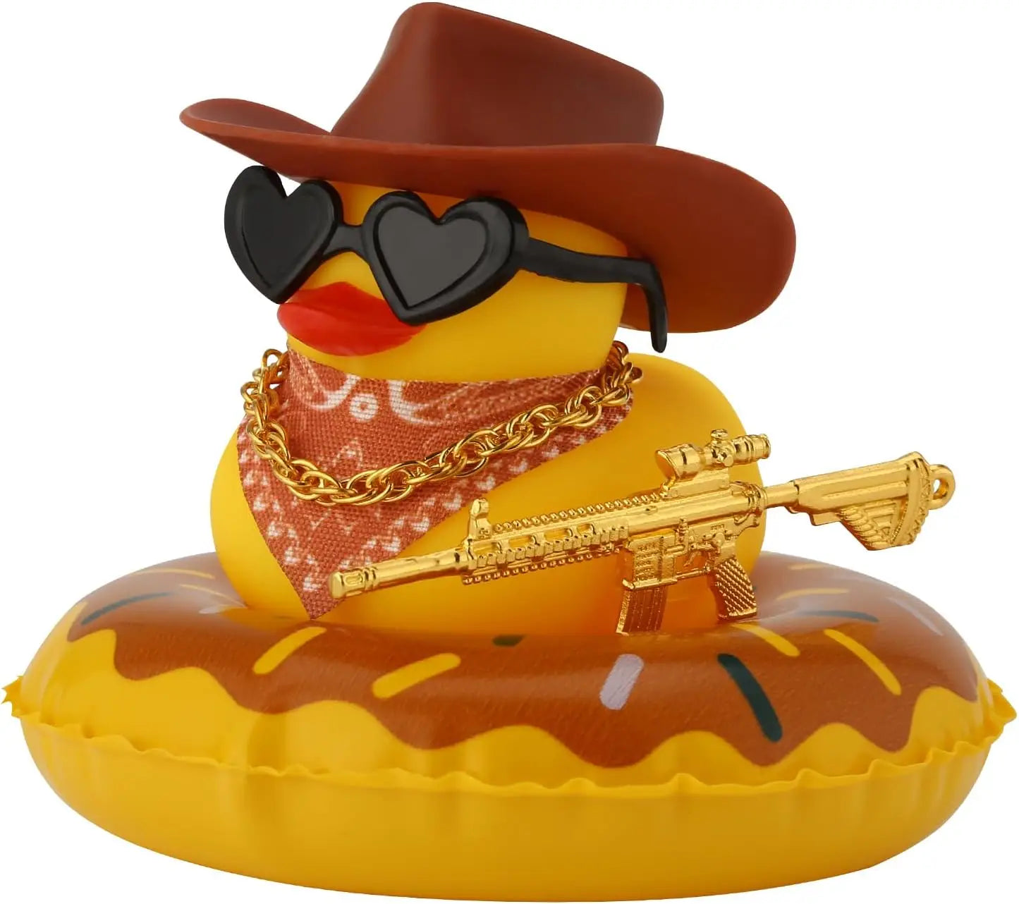 Rubber Duck with Weapon for Car Dashboard Decor, Squeaky Duck Toy Yellow Cowboy Ducks Car Ornament Fun Car Accessories