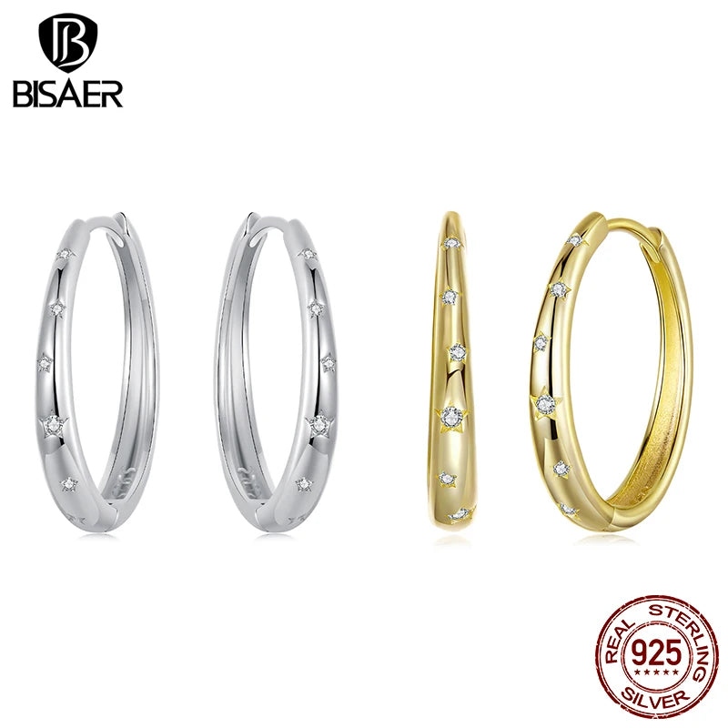 BISAER 925 Sterling Silver Star Hoop Earrings,Large Hoop Hypoallergenic Lightweight Huggie Earring 14K Gold for Woman Trend Gift