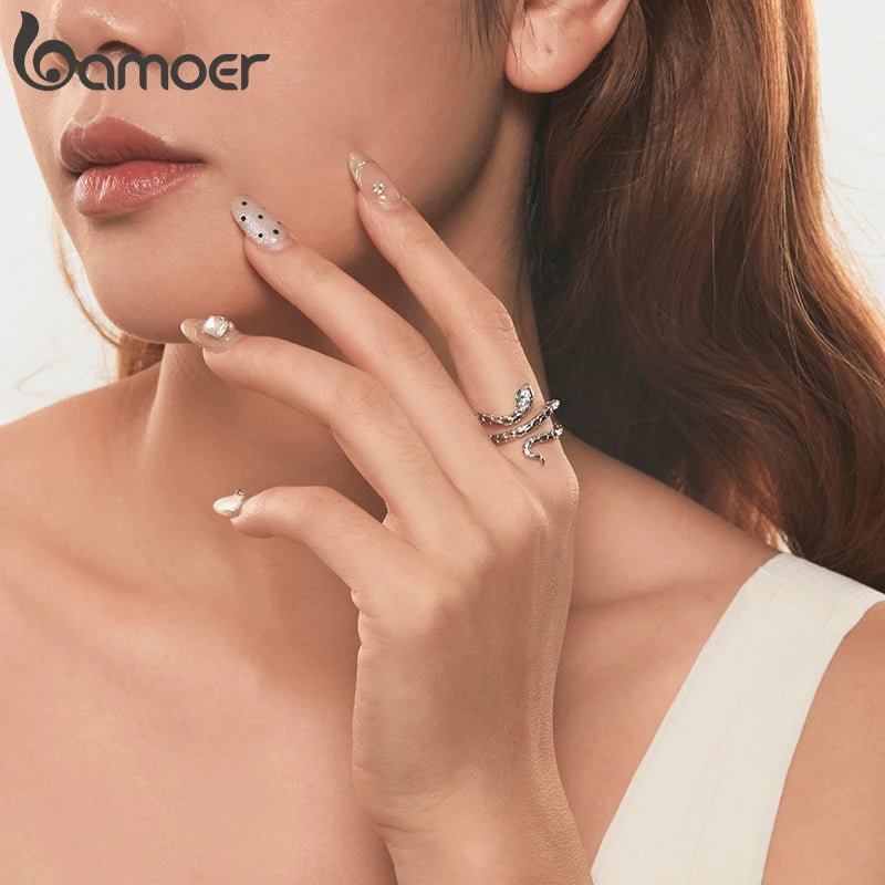 BAMOER White Gold Plated Snake Ring with Emerald CZ Eye, Adjustable Statement Ring for Women Unique Snake Design Jewelry YIR245 - Madeinsea©