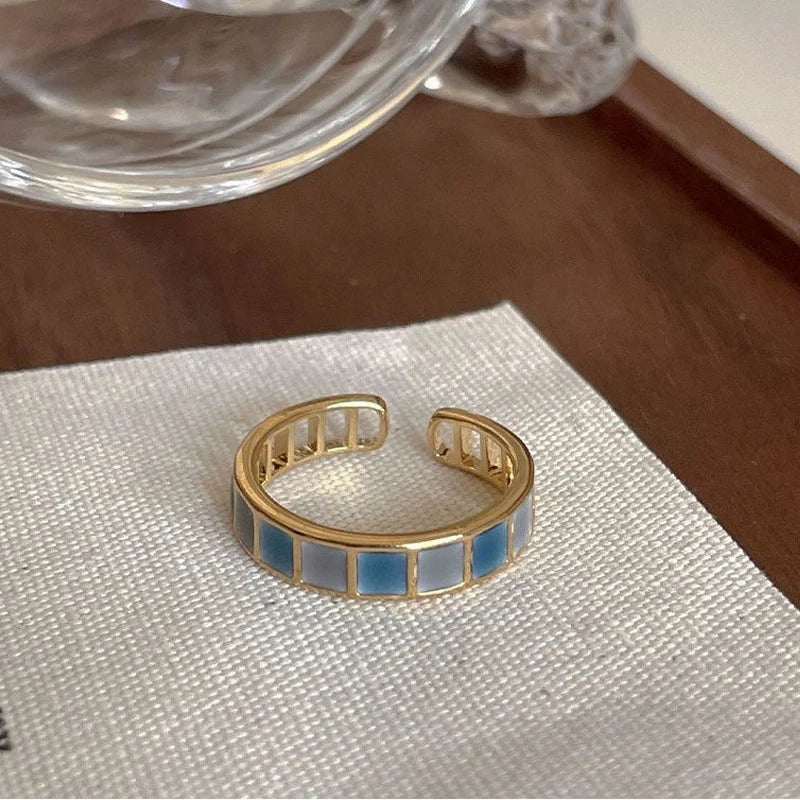 Korean High Sense Enamel Open Rings for Women Blue Green Oil Dripping Adjustable Finger Ring Geometric Exquisite Jewelry Gifts