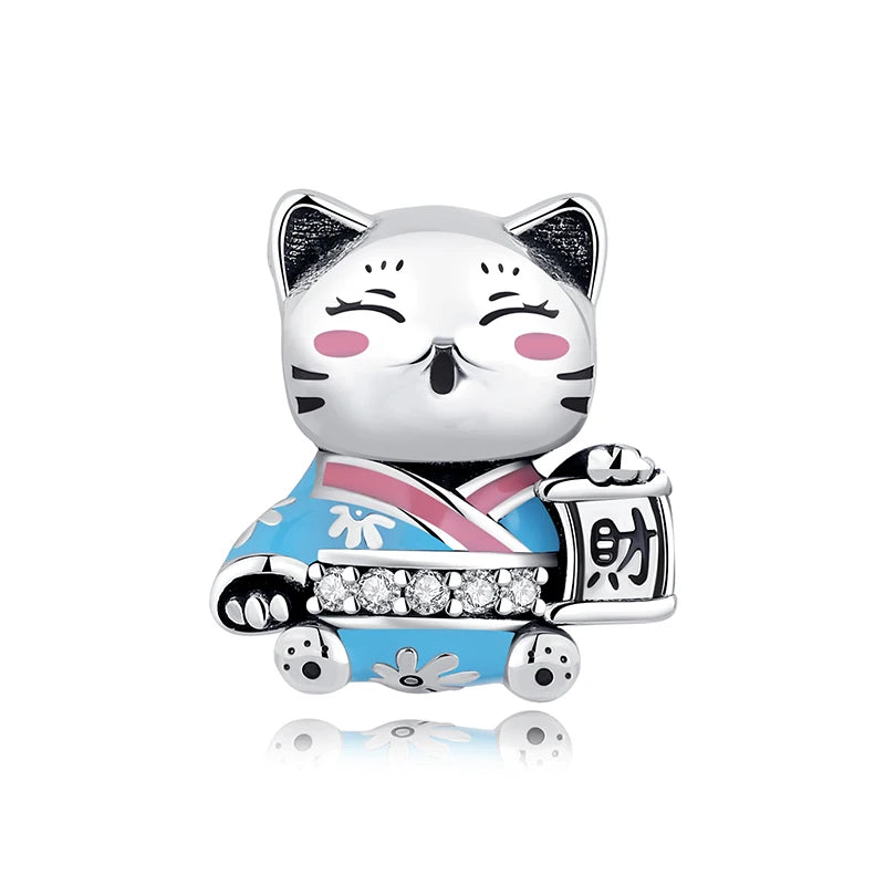 925 Sterling Silver Charms Beads Original Japanese Doll Fortune Cat Charm Fit Brand Bracelets Bangles DIY Jewelry For Women