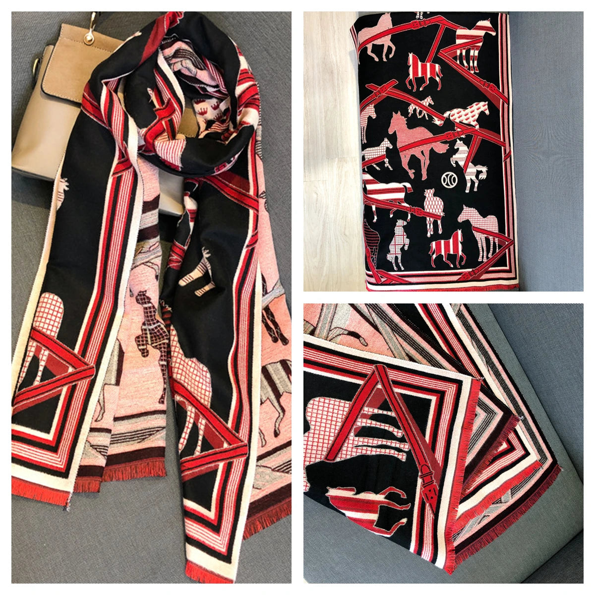 Women's Autumn Winter Horse Pattern Scarf New Luxury Cashmere Feeling Large Blanket Wrap Soft Warm Brand Shawl Retro & Classical - Madeinsea©