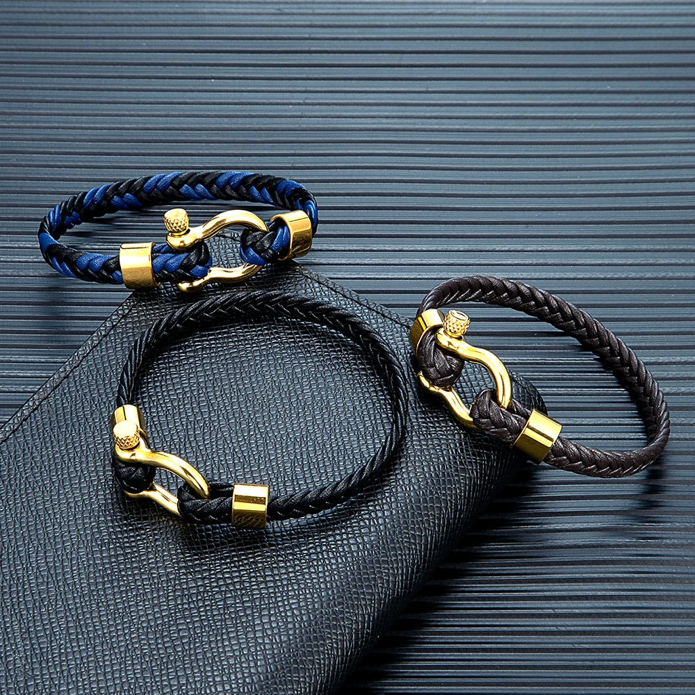 MKENDN Gold Color Stainless Steel Shackle Bracelet Simple Lucky Red Braided Leather Bracelets for Men Women Handmade Jewelry