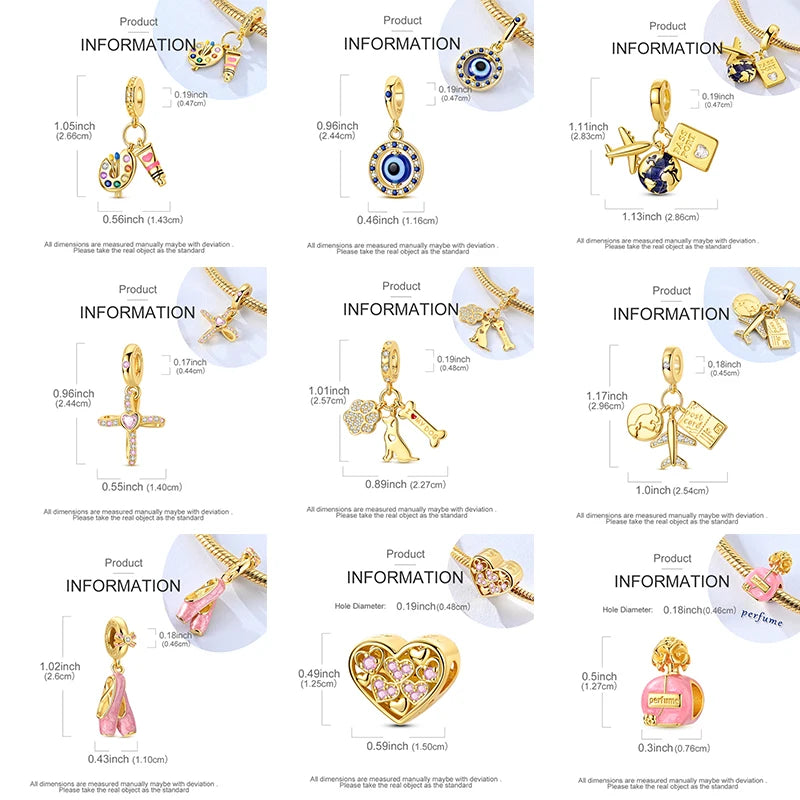 925 Sterling Silver Golden Charms CZ Zirconium Luggage Cross Traveling Dangle Bracelet DIY Jewelry Gifts for Women