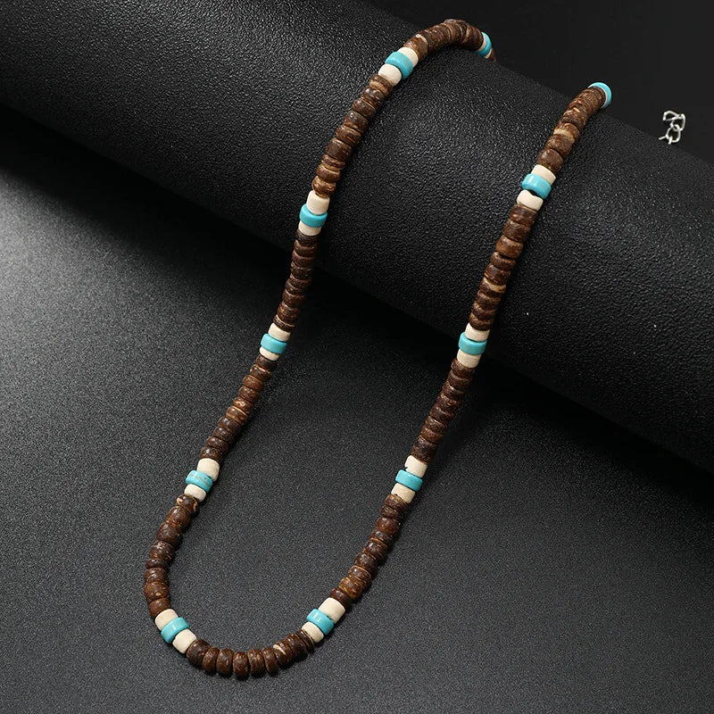 Vintage Bohemian Summer Jewelry Ethnic Style Jewelry Brown Coconut Shell Wood Beads Natural Stone Necklace Men's Jewelry