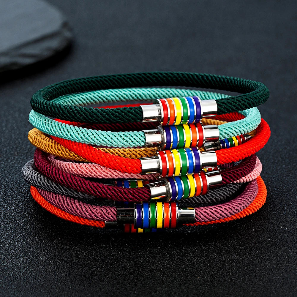 MKENDN Minimalist Rope Bracelet Unisex Stainless Steel Rainbow Clasp Waterproof Natuical Rope Braslet Gift For Lovers LGBT