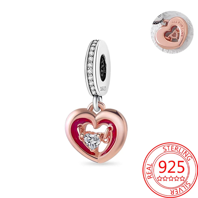 925 Sterling Silver Real Rose Gold Pink Octopus Summer Turtle Heart Dangle Charm Fit Original Bracelet Necklaces Bracelet Girl