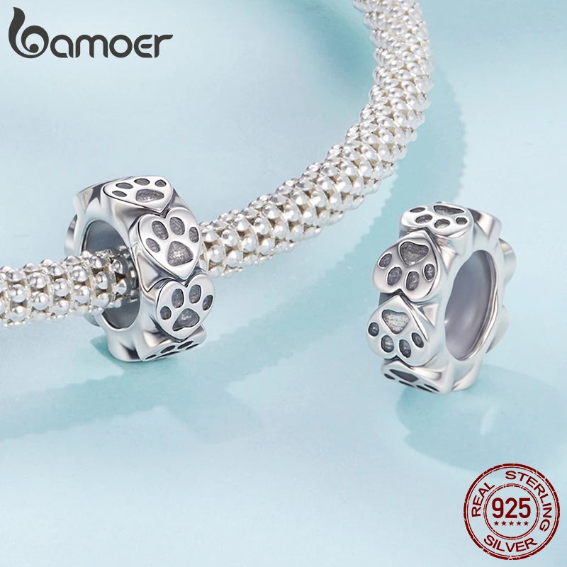 Bamoer 925 Sterling Silver Paw Print Silicone Beads Retro Pet Heart Charm for Women Teen DIY Lovely Bracelet Jewelry Accessories