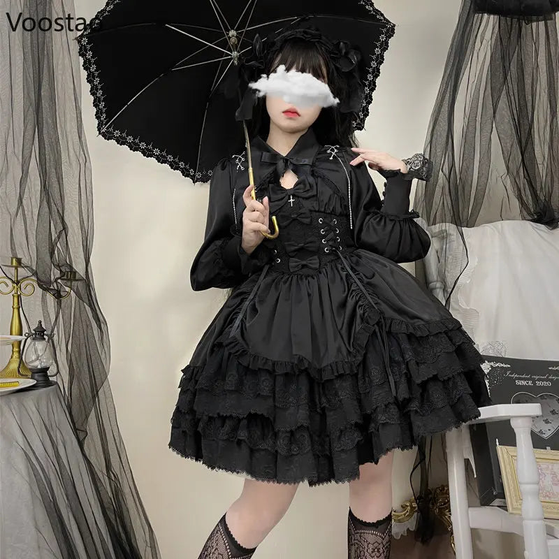 Vintage Gothic Lolita Dress Women Victorian Punk Slim Bandage Princess Party Dresses Girls Cute Metal Cross Bow Evening Dress