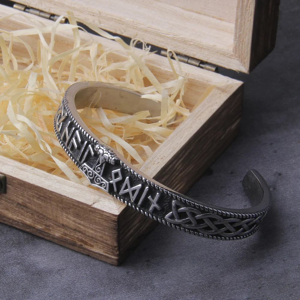 Stainless Steel Men's Handmade Nordic Rune Bangle with Viking thor's hammer Never Fade with wooden box as gift