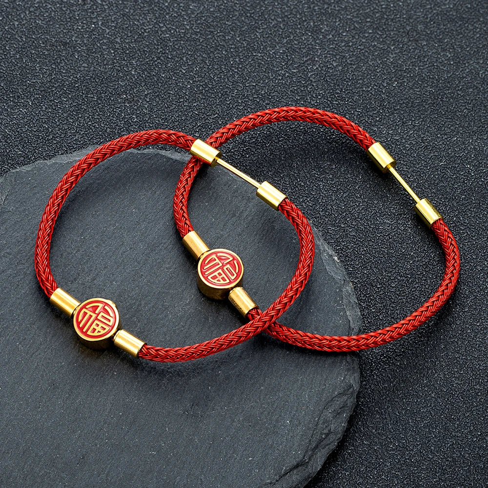MKENDN Classic Men Women Stainless Steel Bracelet Lucky Red Steel Wire Rope Male High Quality Gold Plated Button Jewelry Gifts