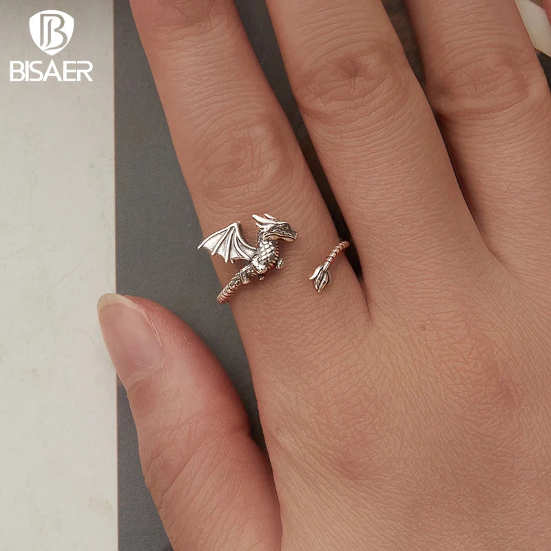BISAER 925 Sterling Silver Flying Dragon Open Ring Retro Dragon Adjustable Size 5-9 Band for Women Party Original Fine Jewelry