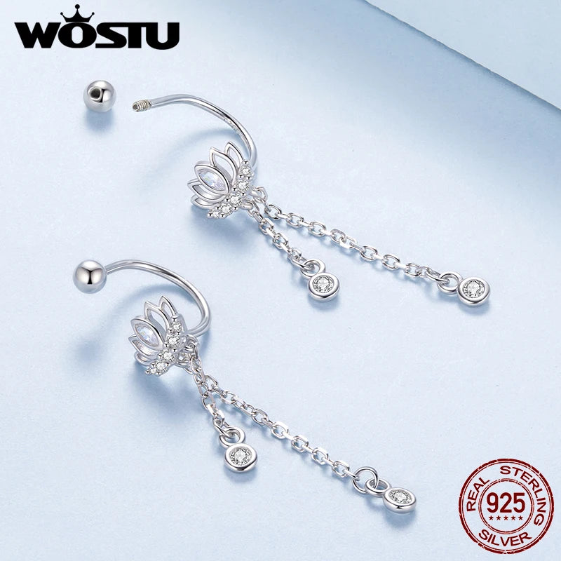 WOSTU Drop Lotus Earrings For Women , 925 Sterling Silver Original Shiny CZ Chain Link Long Flower Stud Earring Wedding Gift