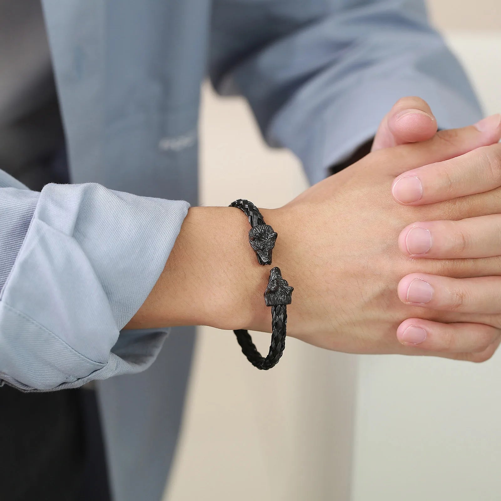 MKENDN Nordic Mythology Double Wolf Head Bracelet & Bangle Charm Open Cuff Bangles Stainless Steel Men Women Amulet Jewelry Gift - Madeinsea©