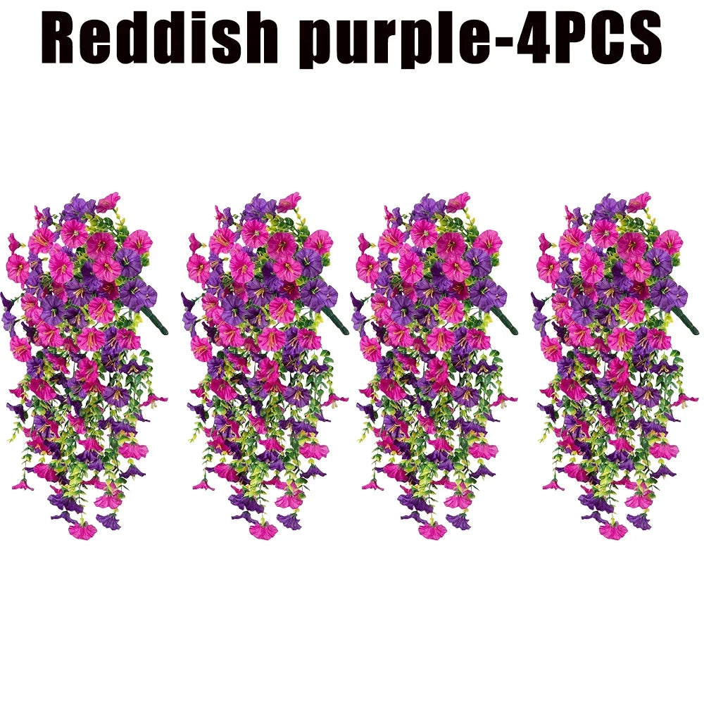 Artificial Hanging Flowers Plants Silk Morning Glory Flowers with Eucalyptus Leaves for Home Garden Porch Window Decoration