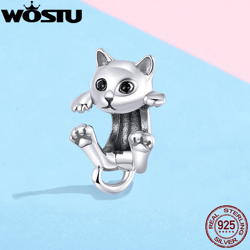 WOSTU 100% 925 Sterling Silver Cute Kitty Black Cat Charms Animal Bead for Women Fit Original DIY Bracelet Necklace Jewelry Gift