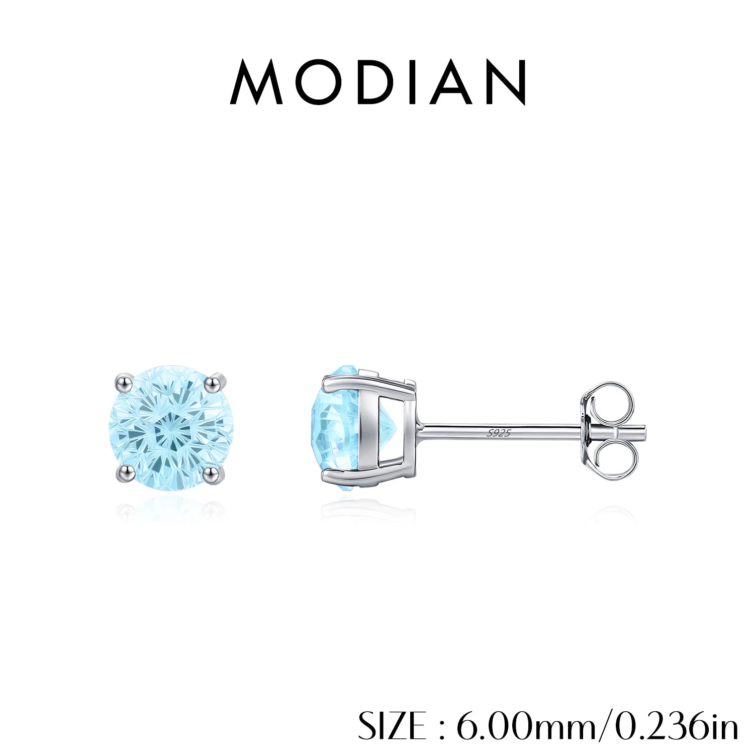 MODIAN 925 Sterling Silver Unisex Light Blue Firework Cut Zirconia Round Studs Earrings For Women And Men Fine Jewelry