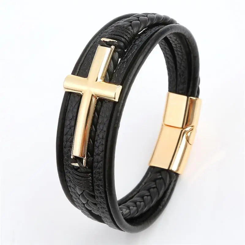 Multicolor Cross Design Classic Metal Clasp Men's Leather Bracelet 19/21/23cm Choose Handsome Christmas Gifts Male Jewelry