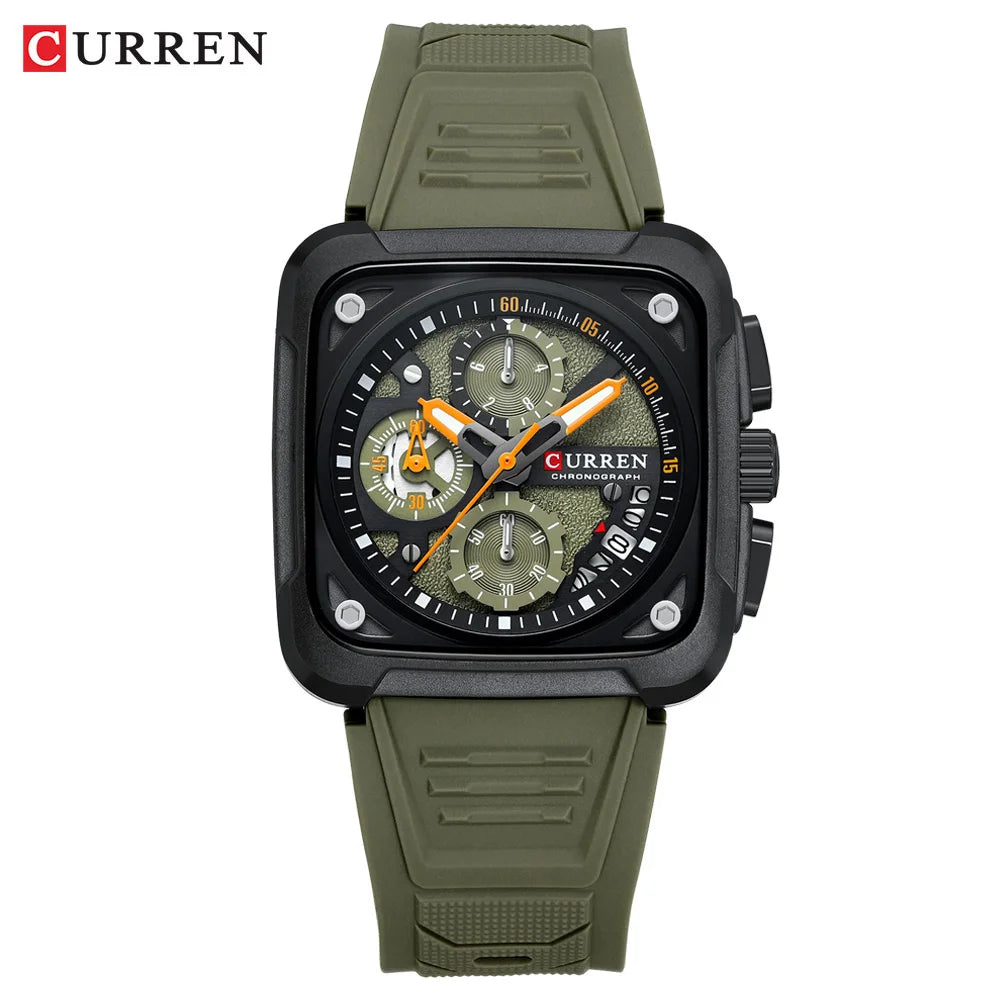 CURREN Men's Watches Brand Sporty Unique Square Dial with Chronograph Male Quartz Wristwatch with Silicone strap Waterproof