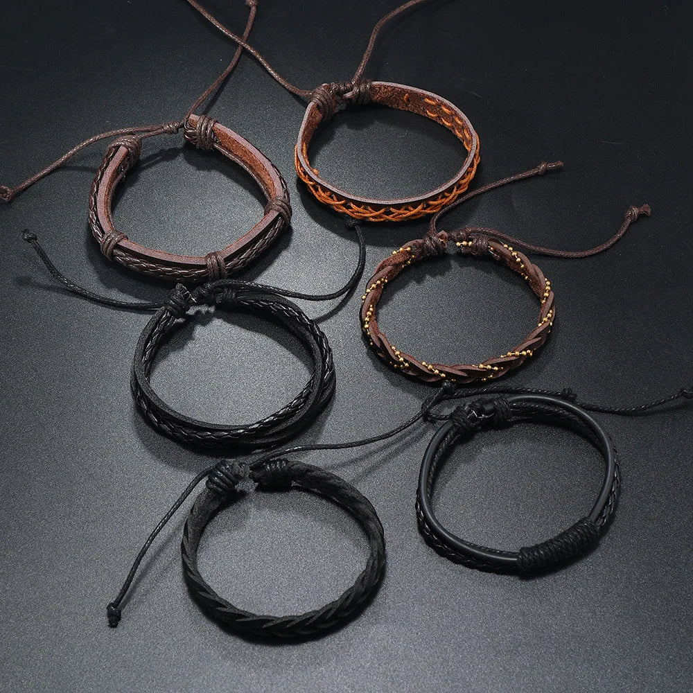 4Pcs/ Set Braided Wrap Leather Bracelets for Men Vintage Life Tree Rudder Charm Wood Beads Ethnic Tribal Wristband Rope Bracelet