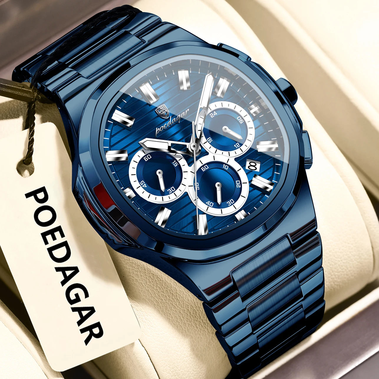 POEDAGAR Business Man Wristwatch Date Chronograph Waterproof Luminous Luxury Men Watch Stainless Steel Quartz Men's Watches Male - Madeinsea©