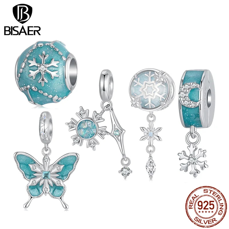BISAER 925 Argent Sterling Cristal Flocon De Neige Charm Perle Papillon Flocon De Neige Stopper Pendentif pour Femmes Bracelets DIY Bijoux Fins