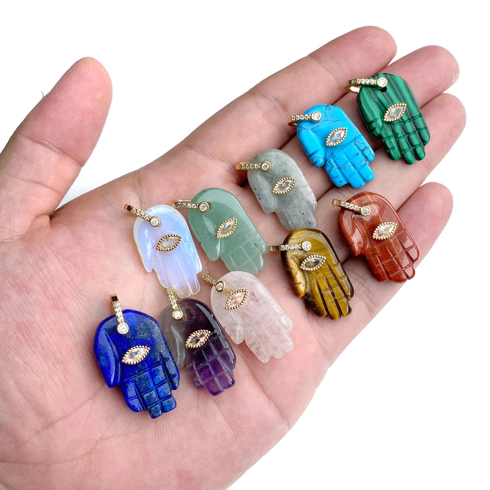 1PC Fatima Hand Gem Pendant Natural Rose Quartzs Opal Malachite Turquoises Evil Eye Charms DIY Necklace Bracelets Earrings