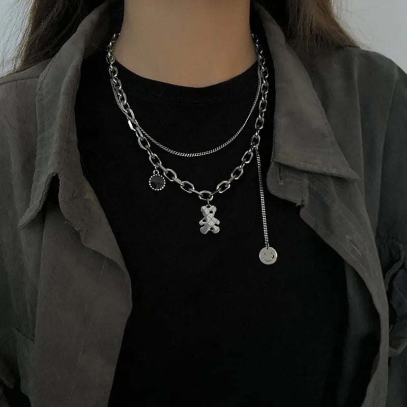 Koreanischer Edelstahl-Halsband, mehrlagige Halskette für Damen, Punk, trendig, zierliche Kette, Statement-Anhänger, Hip-Hop-Schmuck