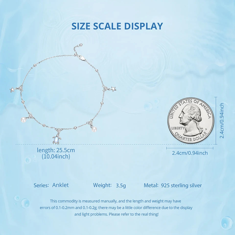 BISAER 100% 925 Sterling Silver Turtle Anklets Starfish Shell Beads Chain Anklet For Women Party Fine Jewelry Holiday Gift