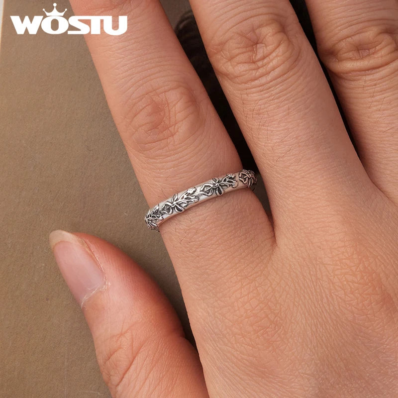 WOSTU 925 Sterling Silver Vintage Flower Patterm Bow Ring Stacking Simple Flower Opening Rings Jewelry Gift For mom Love Family