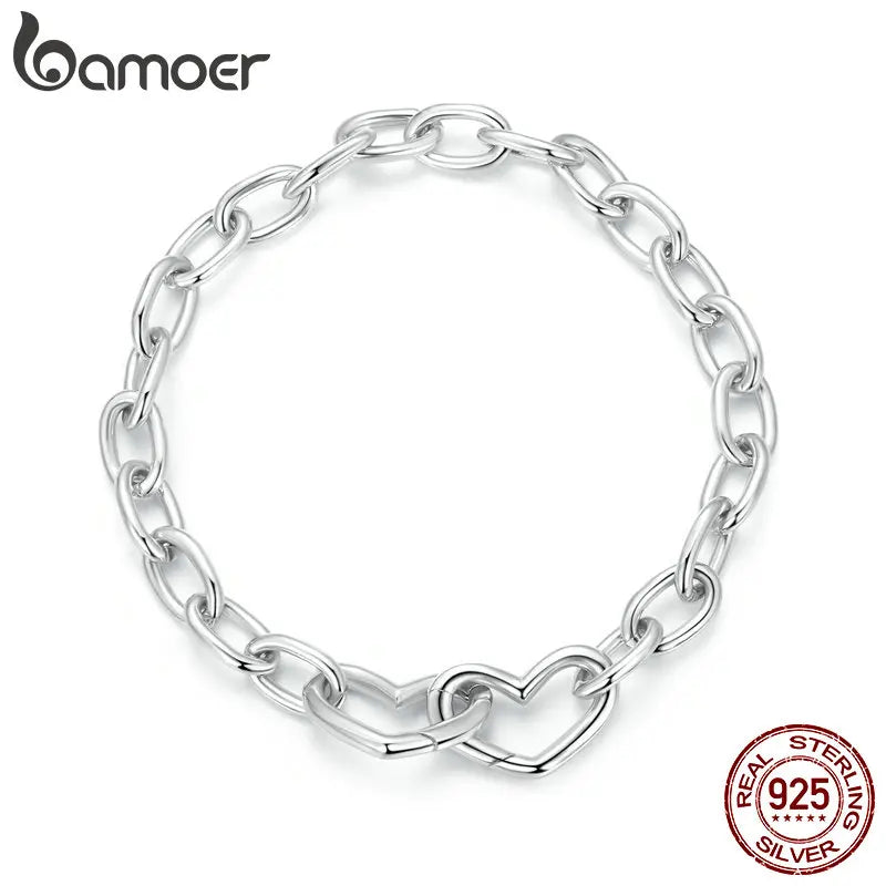 BAMOER 925 Sterling Silver Double Hearts Clasped Bracelets for Women Lady's DIY Pendent Charm Cuff Adjustable Bracelets BSB172