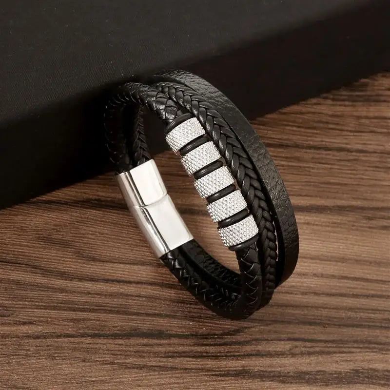Punk Men Leather Bracelet with Stainless Steel Magnetic Clasp Braided Mutilayer Leather Wrapping Bangles Man Jewelry Gift