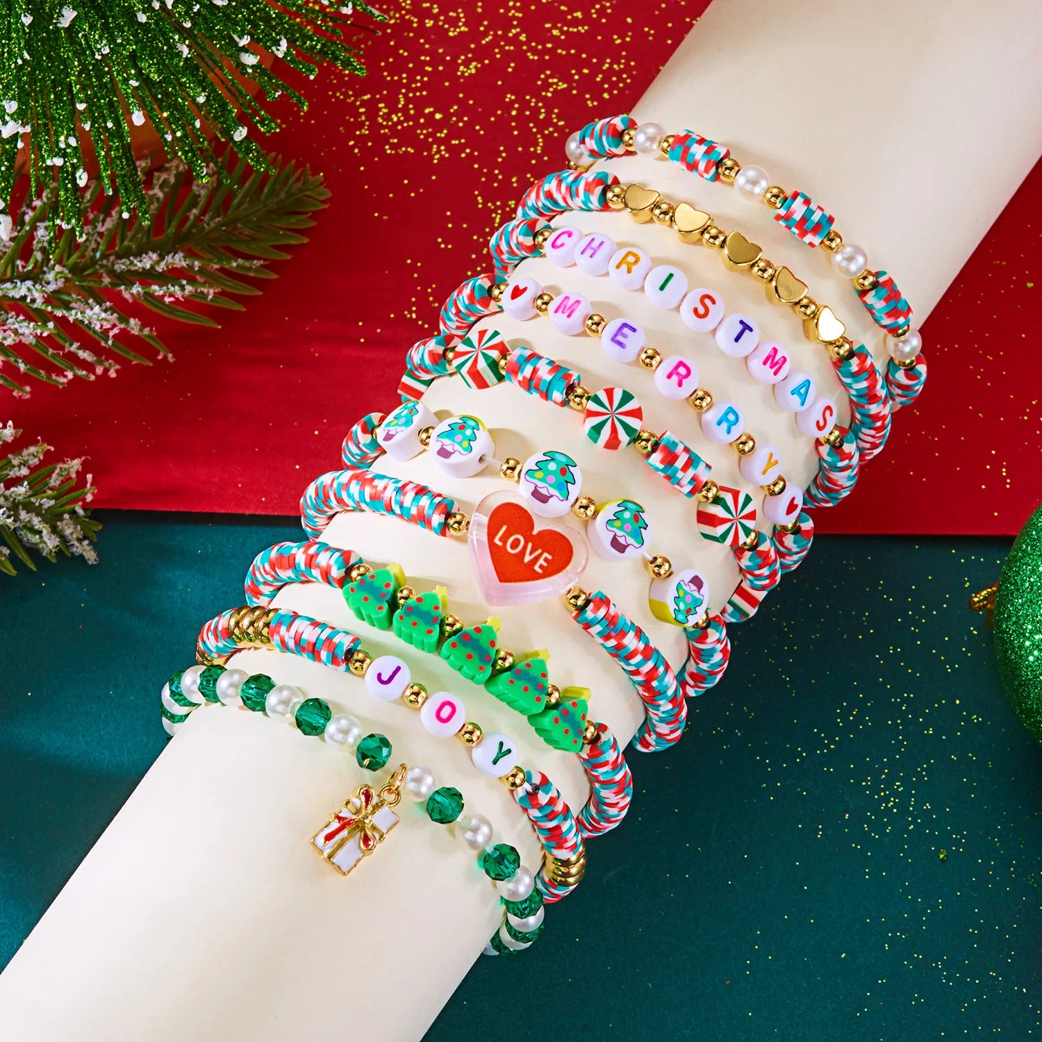 10 Pcs Christmas Crystal Beaded Stackable Bracelet For Women Santa Claus Xmas Tree Snowflake Letter Beads Bangle Party Jewelry