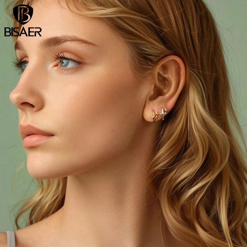 BISAER 925 Sterling Silver Starlight Hoop Earrings Star Huggie Earrings Hoop Plated Gold For Women Party Weeding Fien Jewelry
