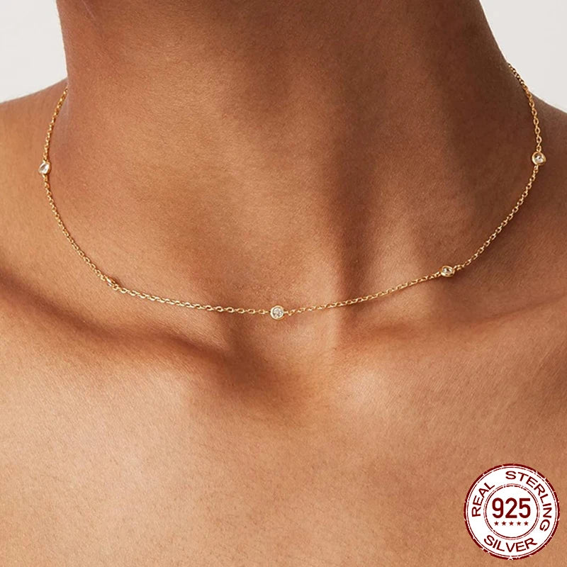 BAMOER 925 Sterling Silber Moissanit Layering Halskette, vergoldete verstellbare Gliederkette für Damen Station Halskette