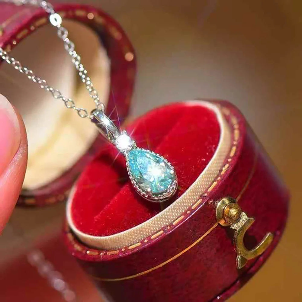 Serenity 1ct Pear Paraiba Blue Moissanite Pendant Necklace for Women 100% S925 Sterling Silver Neck Chain Plated 18K Jewelry GRA