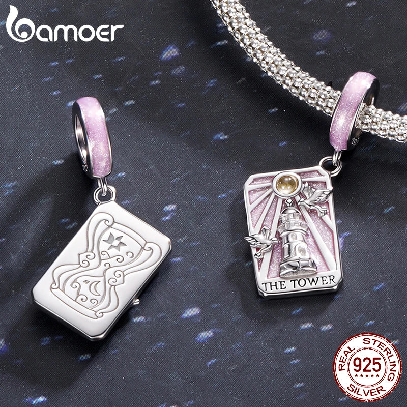 Bamoer 925 Sterling Silver Magical Tarot Card Pendant Purple Rectangle Beads for Women Teens  Bracelet & Bangle DIY Special Gift
