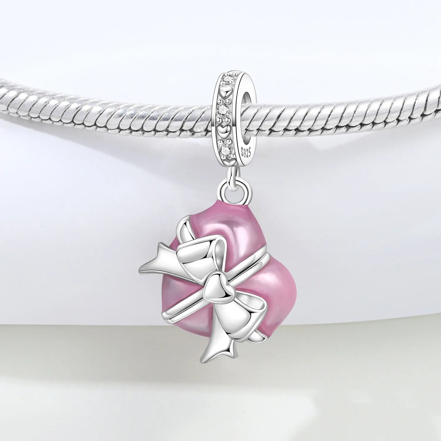 PANPOKI 925 Sterling Silver Pink Heart-shaped Gift Beads Original Pendant Bracelet Charm Jewelry Party DIY Trendy Gifts