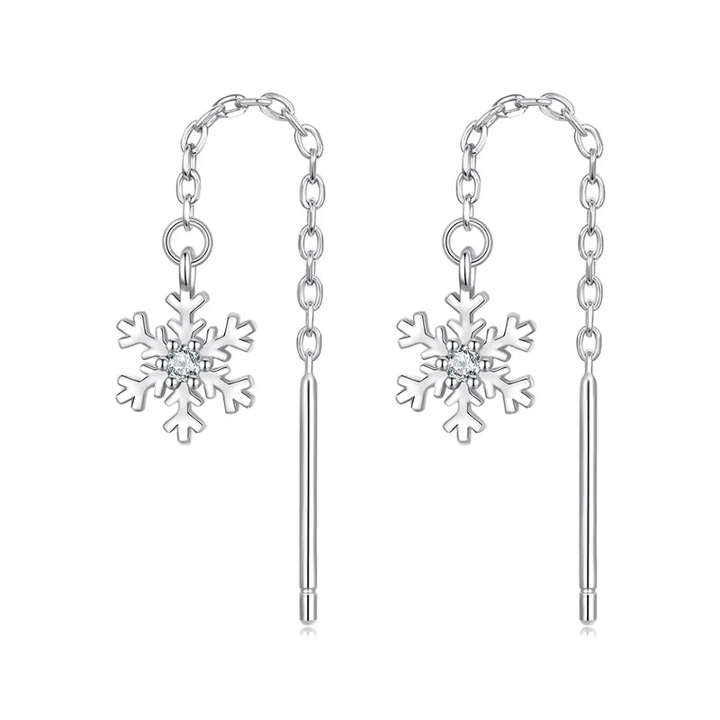 BAMOER 925 Sterling Silber Schneeflocke Tropfen Baumeln Ohrringe für Frauen Teenager Elegante Lange Baumeln Ohrringe Einfädler Quaste