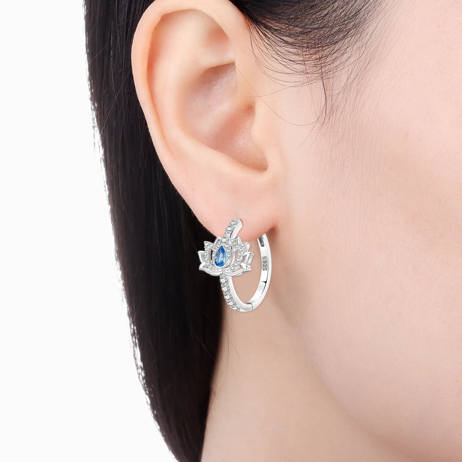PANPOKI Original 925 Sterling Silver Blue Zircon Lotus Flower Earrings Women Hoop Earring Anniversary Jewelry Trendy Gifts