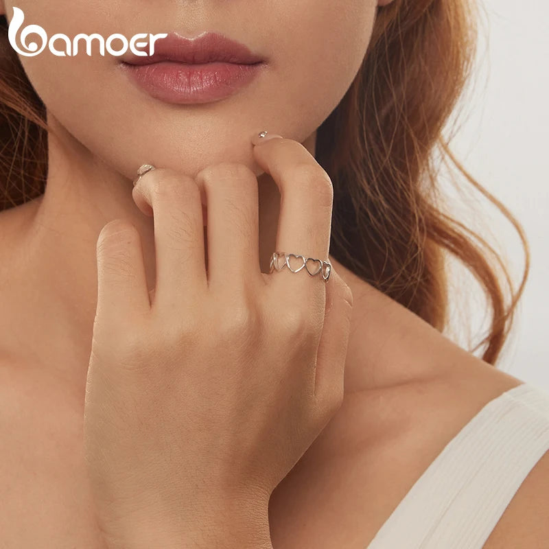BAMOER S925 Sterling Silber ausgehöhlter Herz-Fingerring für Frauen Geburtstag Valentinstag Geschenk Süße Liebe Edler Schmuck