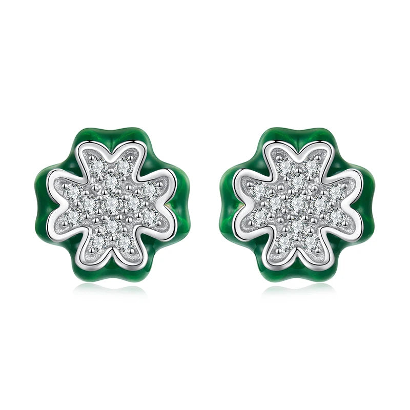 WOSTU Real 925 Silver Lucky Four Leaf Clover Stud Earrings, Green Enamel Sparkling CZ Studs for Women Daily Wear Valentine Gift