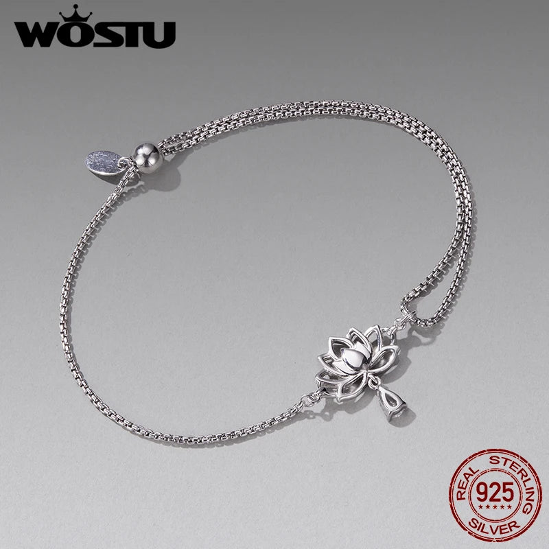 WOSTU Minimalist Lotus Flower Bracelet 925 Sterling Silver, Adjustable Chain with Cubic Zirconia Yoga Meditation Jewelry Gift