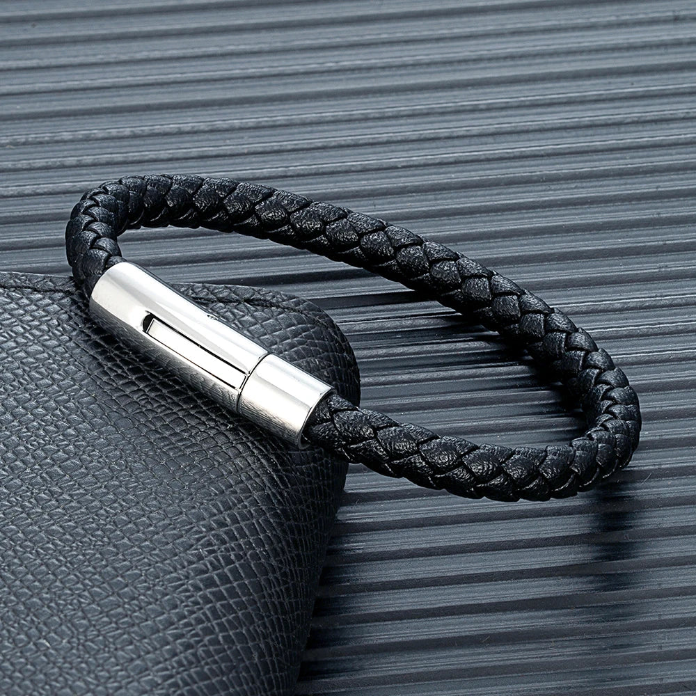 MKENDN 6 mm rotes geflochtenes Lederarmband für Damen und Herren, Edelstahlknopf, Schmuck, Unisex-Geschenk für Paare, klassisch schlichtes Design