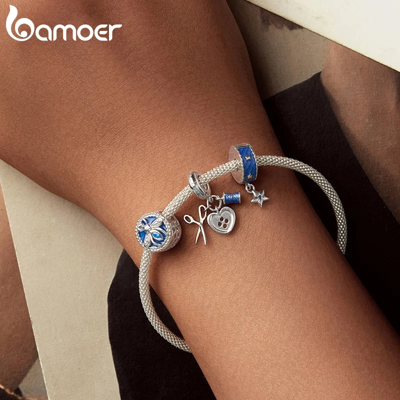 BAMOER Tailor Set Series 925 Sterling Silver Denim Star Charm Bead fit Original Bracelet DIY Bamoer Charm for Jewelry Making