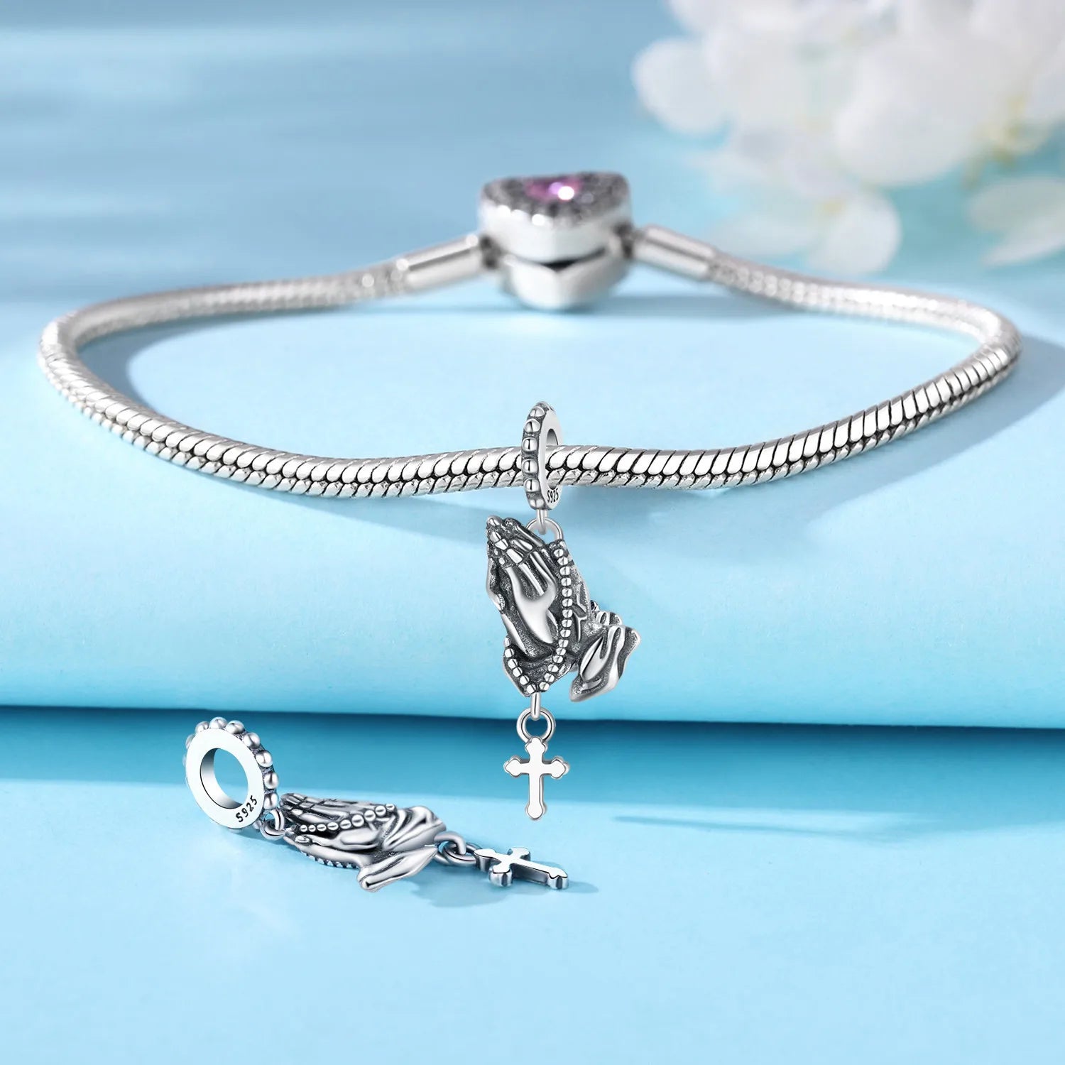PANPOKI 925 Sterling Silver Prayer Hand Pendant Beads Fit Women Bracelets Charms DIY Birthday Party Gifts Jewelry Accessory