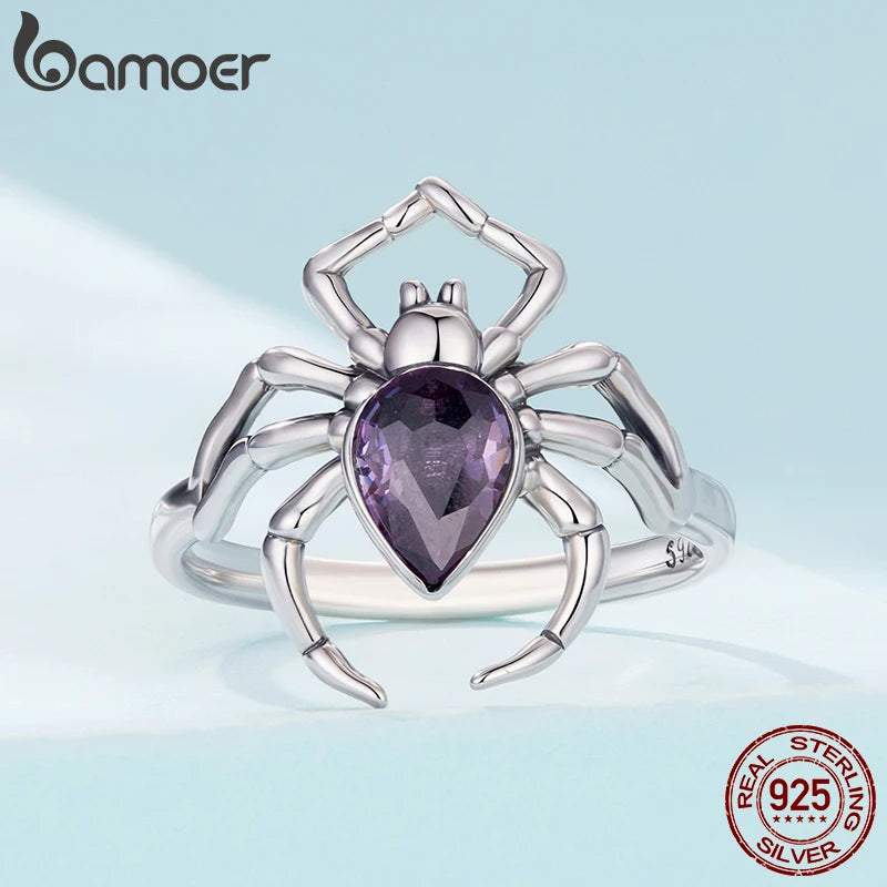 BAMOER 925 Sterling Silver Dark Spider Ring with Purple Heart Zircons Punk Band Ring for Women Teens Lucky Birthday Jewelry Gift