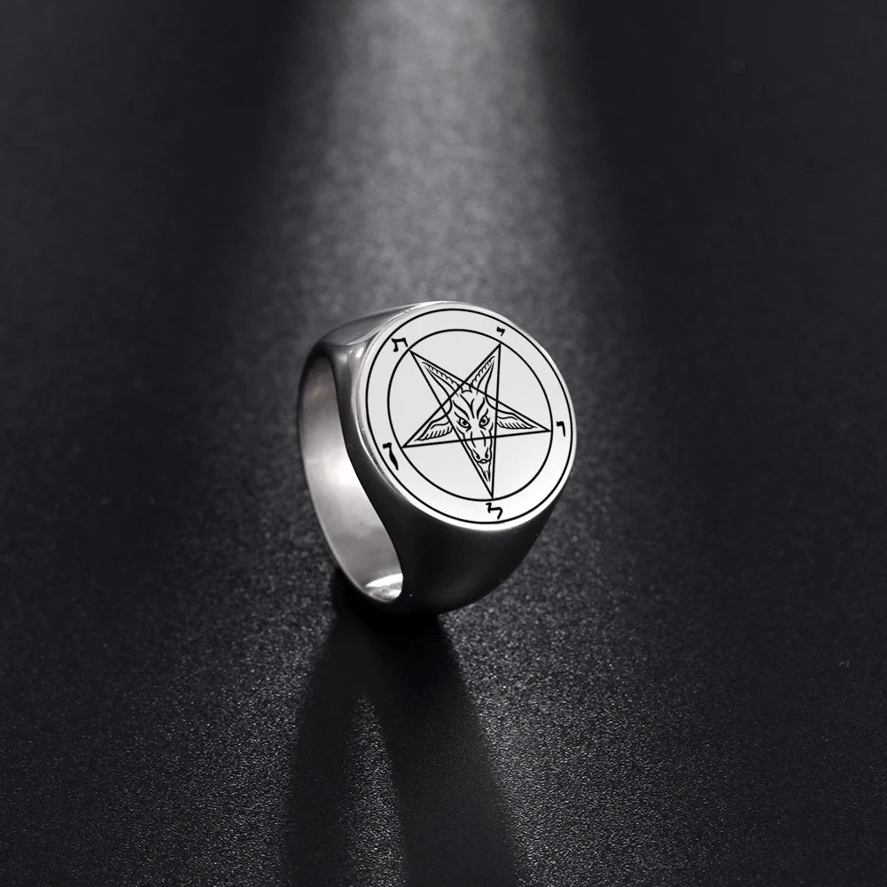 Dreamtimes Man Ring Pentagram baphomet goat sulfur Leviathan cross Satan Devil symbol Stainless Steel Rings For Men Jewelry Gift