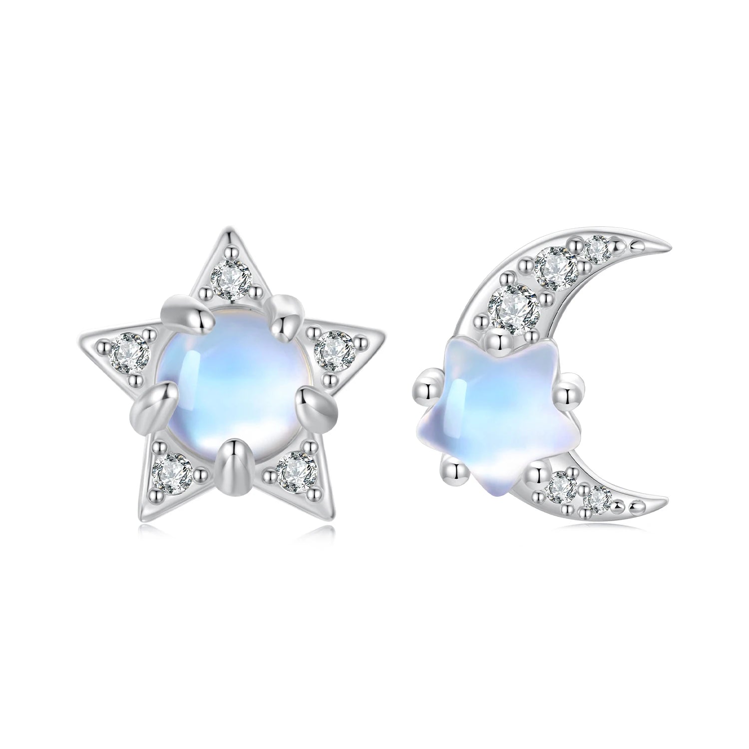 WOSTU 925 Sterling Silver Star and Moon Stud Earrings For Women, Cute Rainbow Moonstone Zircon Studs Party Daily Jewelry Gift