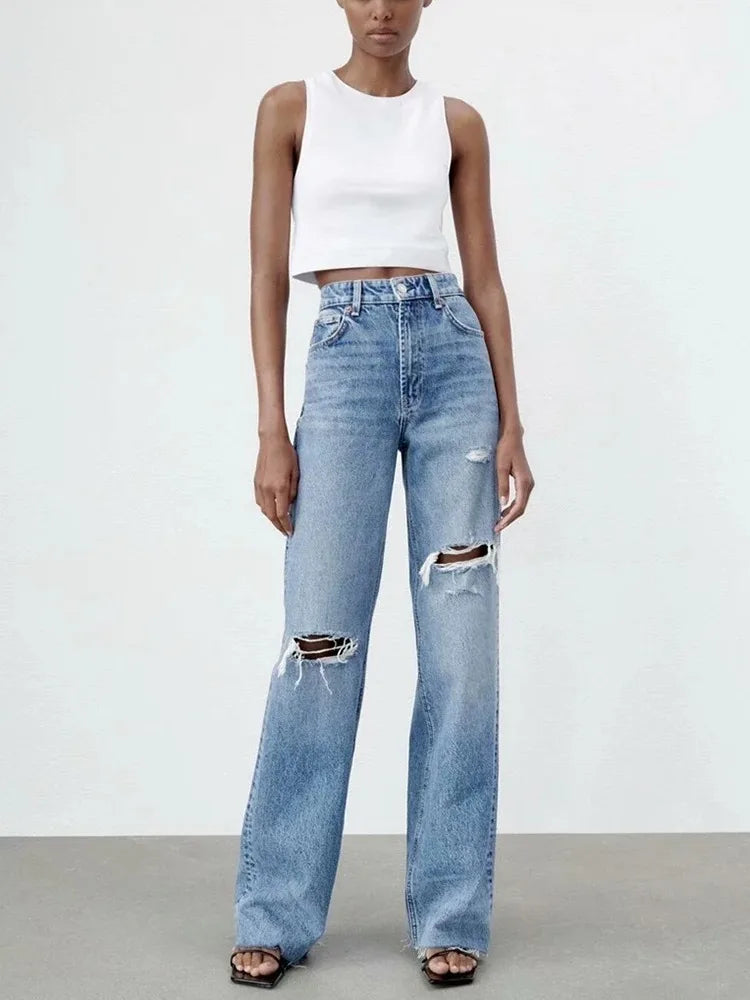 Women's loose hole decoration high-waisted jeans Fashion versatile wide-legged trousers Elegant fashion women's clothing
